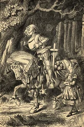 Alice og den hvide ridder, illustration fra «Alice i Eventyrland» af Lewis Carroll (1832-98), først udgivet 1865